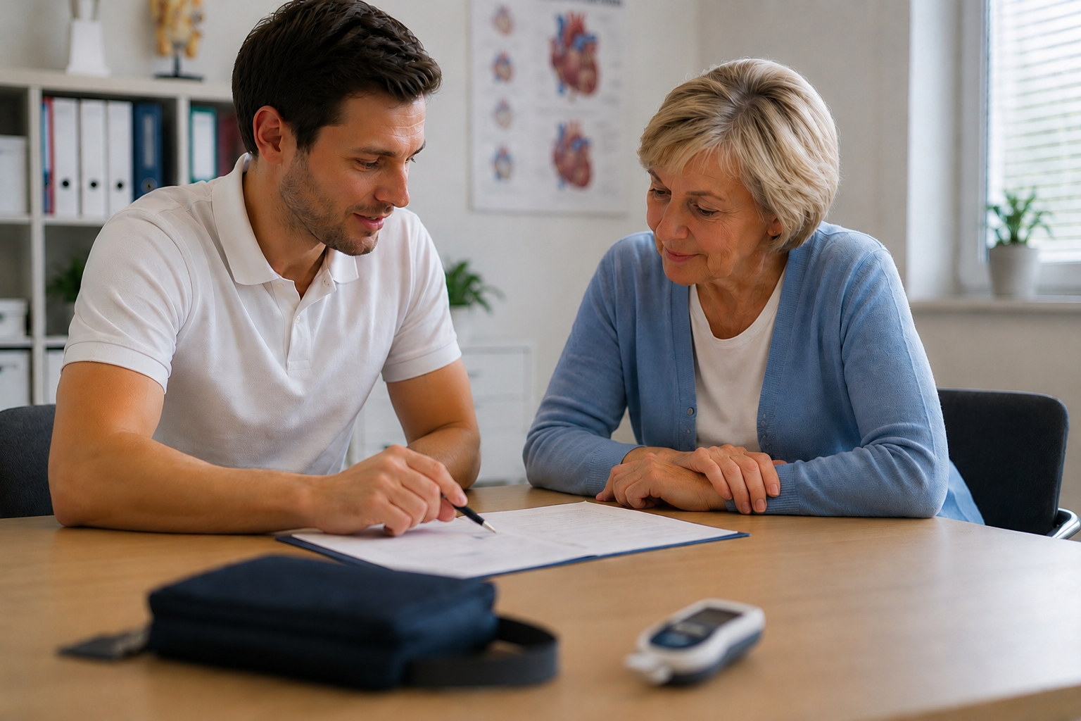 Patientin erhält eine Gerinnungsschulung zur INR-Selbstmessung von einem Trainer.