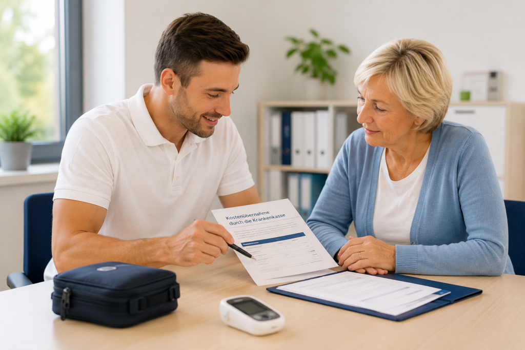 Kostenübernahme einer Gerinnungsschulung für die INR-Selbstmessung wird mit einer Patientin besprochen.