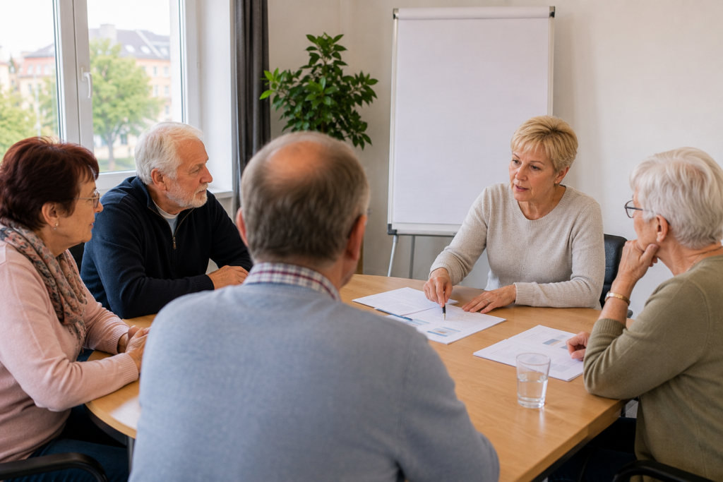 Kleine Patientengruppe während einer Gerinnungsschulung zur INR-Selbstmessung in Dresden