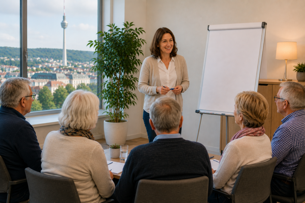 Kleine Gruppenschulung zur INR-Selbstmessung mit älteren Patienten in Stuttgart