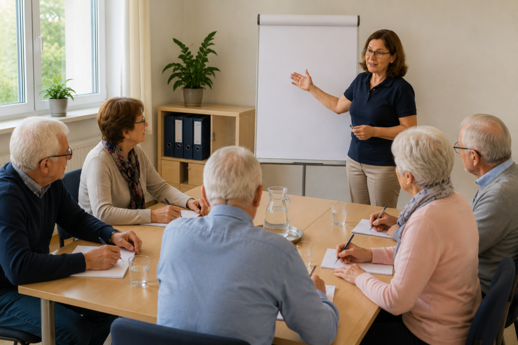 Schulungsleiterin erklärt einer Gruppe älterer Teilnehmer die Grundlagen des Gerinnungsselbstmanagements und der INR-Selbstmessung in einem Schulungsraum.