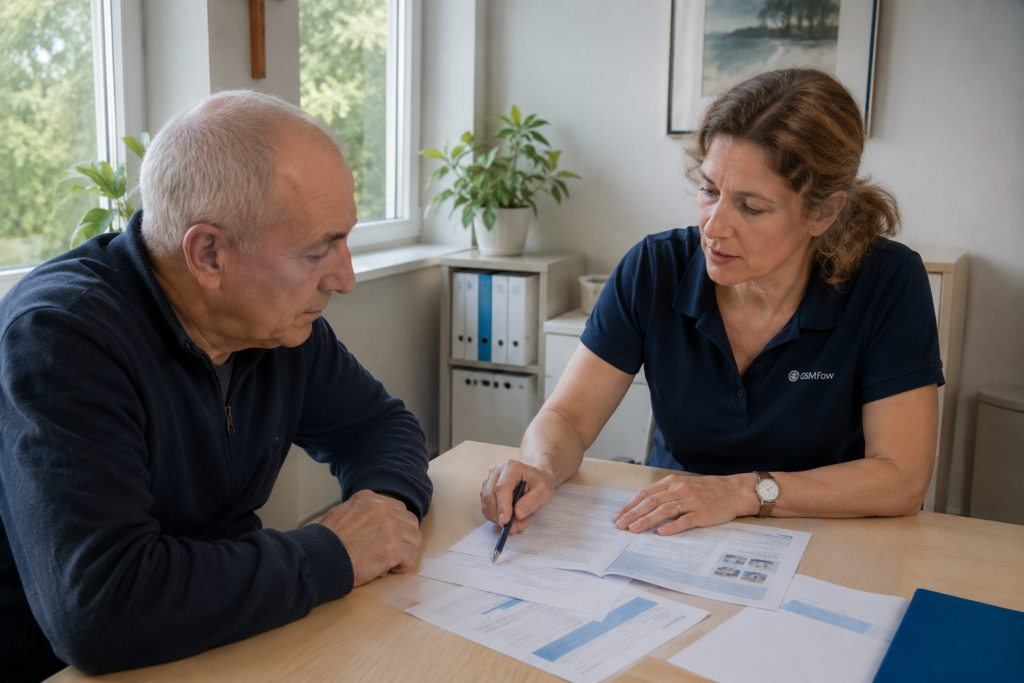 Patient erhält Informationen zur Versorgung und Kostenübernahme von INR Teststreifen im Gespräch mit einer Schulungsleiterin.