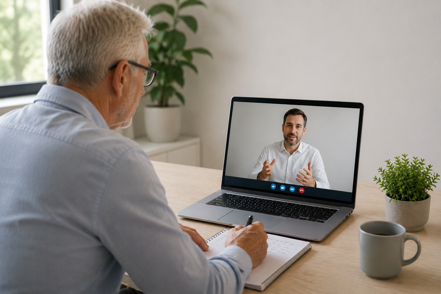 Patient nimmt an einer Online-Gerinnungsschulung teil und macht sich Notizen während einer Videoberatung zur INR-Selbstmessung.