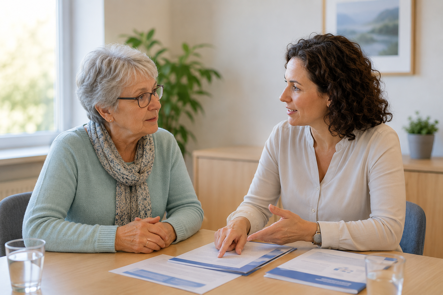 Schulungsleiterin erklärt einer Patientin die Grundlagen der INR-Selbstmessung während einer Gerinnungsschulung in Frankfurt