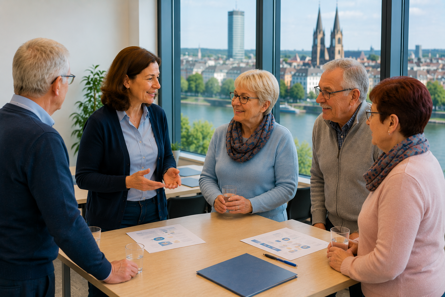 Teilnehmer einer Gerinnungsschulung tauschen sich vor Beginn der Schulung in Bonn aus