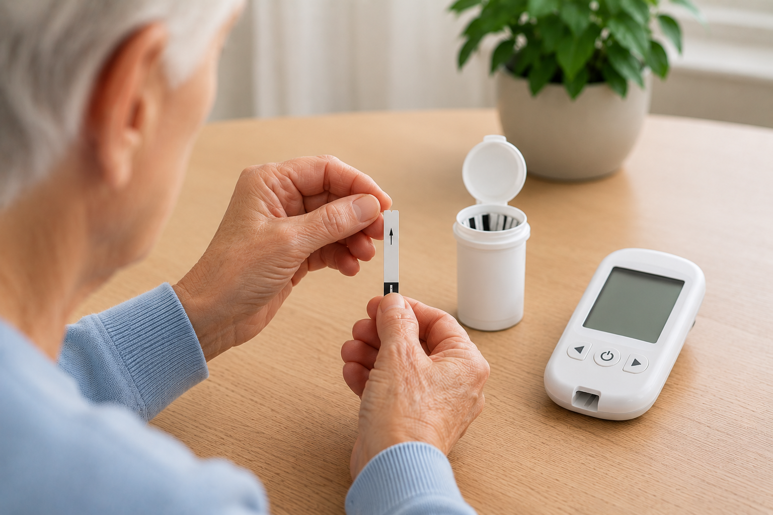 Patient hält einen INR Teststreifen für die Gerinnungsselbstmessung zuhause neben einem INR-Messgerät.